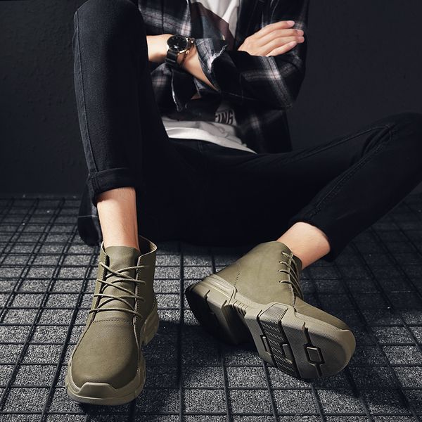 

2019 men's vintage british short leather boots men fashion high-cut lace-up martin boots male military boots flats shoes plus s, Black