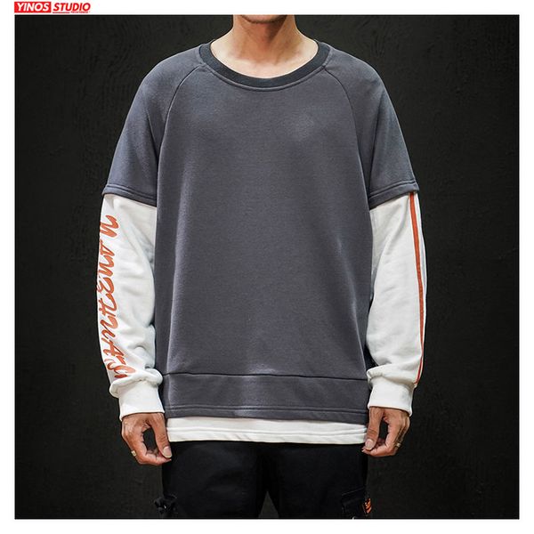 

dropshipping 2019 japanese outwear patchwork pullover male streetwear fake two pieces hoodies mens causal solid autumn 5xl, Black