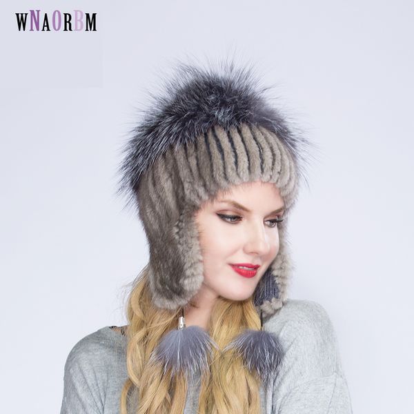 

wnaorbm new winter warm mink hat fur lady mink hat ear protectors fashion fur for young women, Blue;gray