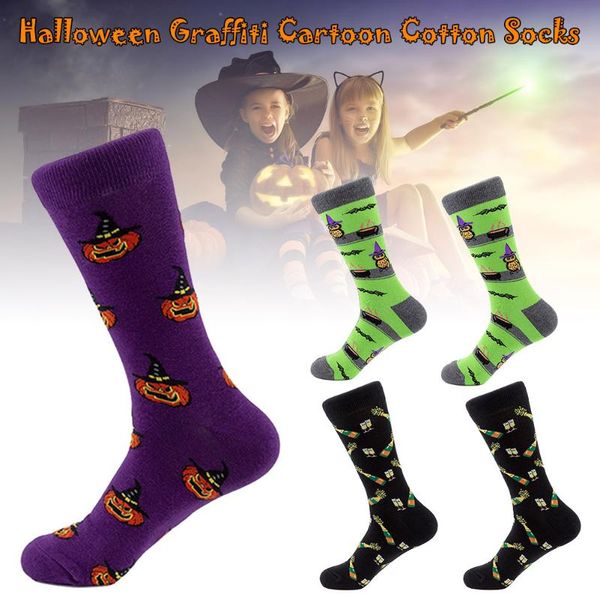

2 pairs ladies halloween long crew socks warm womens printed pumkin light socks for winter fall fdx99, Black