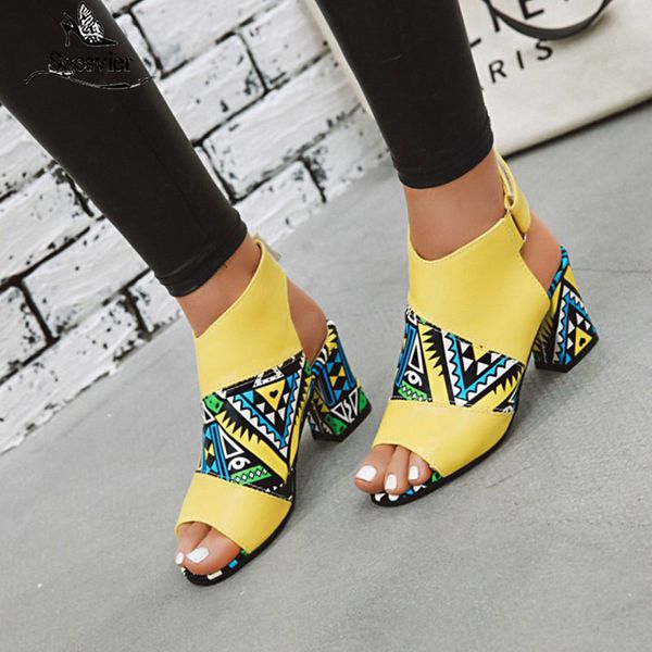 

sgesvier fashion 2020 block high heels green yellow sandals women 2020 print ankle wrap hook peep toe ladies summer shoes g528, Black