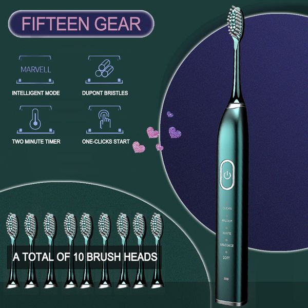 

ultrasonic electric toothbrush sonic wave 360° teeth brush for waterproof ipx7 with 10 brush heads rechargeable usb charge