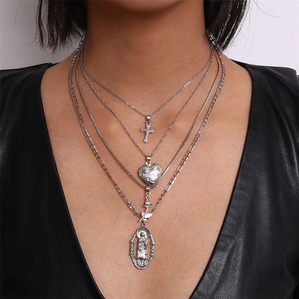 

gothic multi layer virgin mary cross pendant necklace vintage heart flower long chain necklace couple punk jewelry for women, Silver
