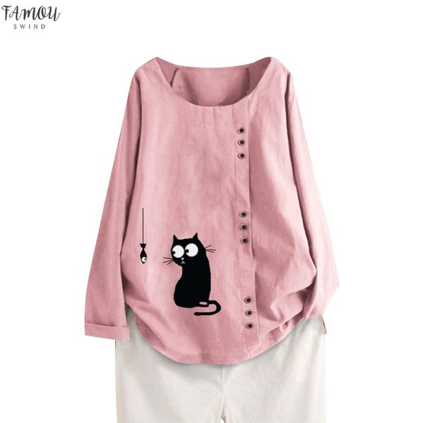 

women loose cat print plus size casual beach vintage funny long sleeve blouses for girls women shirts long sleeve, White