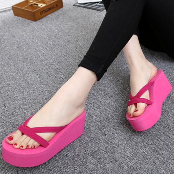 

summer wedges slippers woman woman platform shoes women fashion flip flops 2020 ladies beach solid footwear plus size, Black