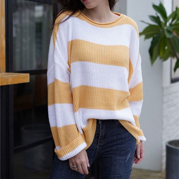 

fashion 2019 fall women casual striped knitting pullover o-neck long sleeve loose sweaters, White;black