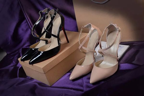 

original box classic black and nude women brand high heels patent leather pointy toe dress shoes luxury shallow mouth red sole wedding shoes