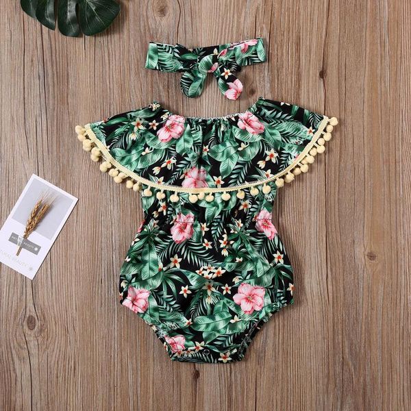 

0-24m infant baby girls boys bodysuits headband 2pcs flowers ruffles tassel jumpsuits, Blue