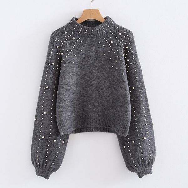 

2019 europe and america autumn and winter round neck loose sweater women's short pearl decorative knitted sweater women, White;black