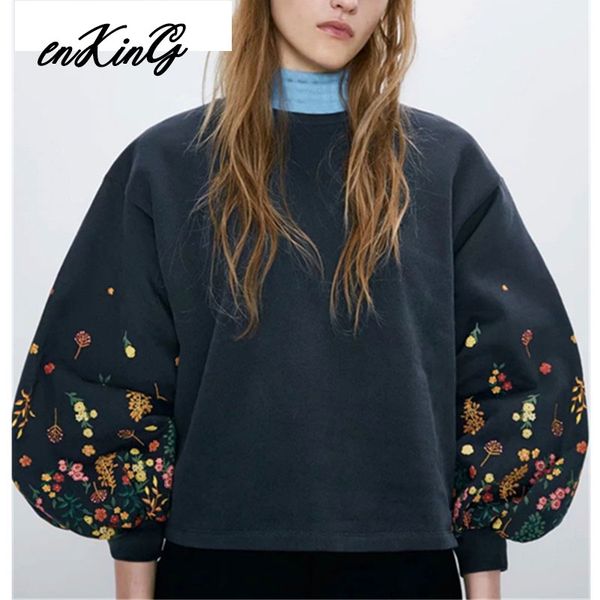 

2019 england vintage high street floral embroidery lantern sleeve oversize winter hoodies women sweatshirt pullovers, Black