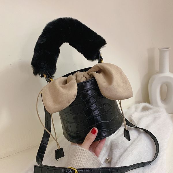 

2019 new women shoulder bags designer plush shoulder strap stone pattern leather bucket bag rivet decoration solid color handbag