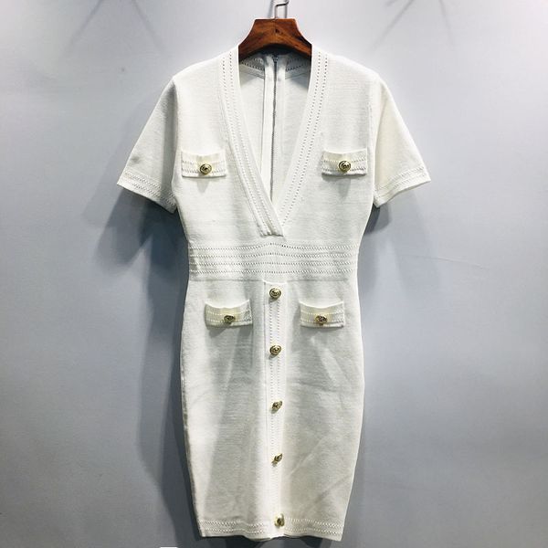 

women's sweater 2020 spring new short-sleeved knitted dress metal buttons was thin deep v-neck package hip zipper a word skirt size s-l, White;black