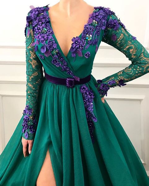 

2019 dark green evening dresses long sleeve lace robe de soiree fashion v neck flowers front split a-l prom party gowns, Black;red
