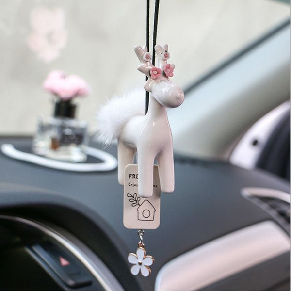 

1 pc ceramics car interior deer ornaments hanging ornaments flower tassels high class diy safeguards cute car accessories