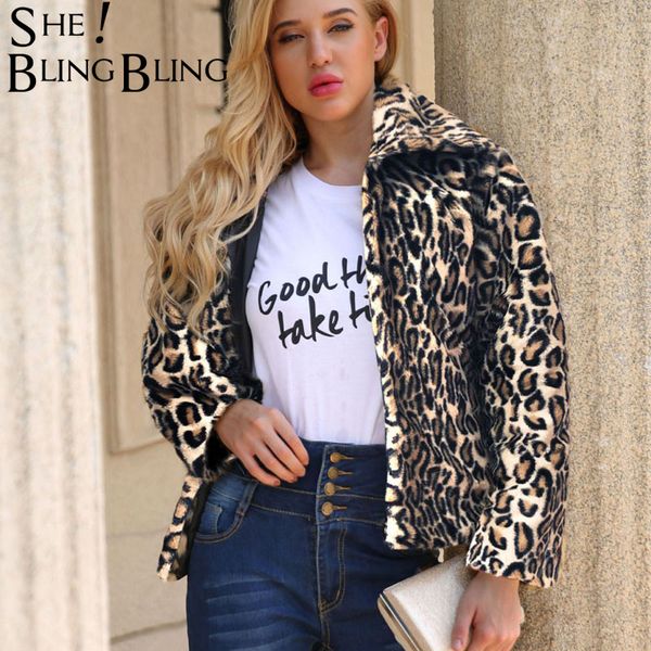 

sheblingbling thick warm outerwear winter women fashion leopard print faux fur overcoat jacket long-sleeved turndown short coats, Black