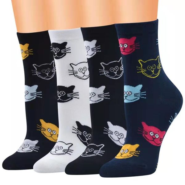 

colorful cat head socks for women brand designer cartoon casual high socks fashion animal sport socks gifts for girlfriends eur 33-39, Black;white