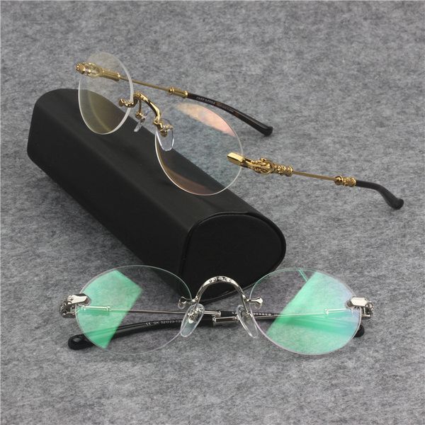 

retro-vintage round fashion plano eyeglasses rimless glasses frame52-25-140prescription glasses exqusite metal logo fullset cas, Black