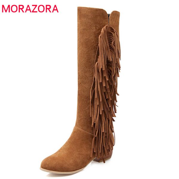 

morazora new arrival 2020 knee high boots women flock round toe autumn winter boots zipper tassels fashion shoes woman black