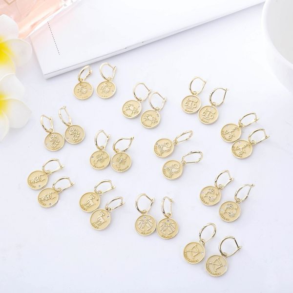 

2019 european women exaggerated small fun long twelve constellation earrings sprinkled matte women's coins creative earrings, Silver