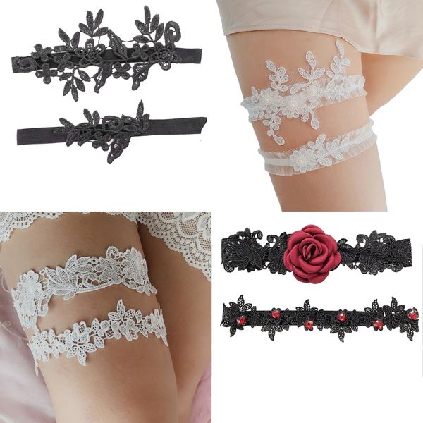 

women/female/bride thigh ring bridal leg garter wedding garter rhinestone embroidery flower beading white garters, Black;white