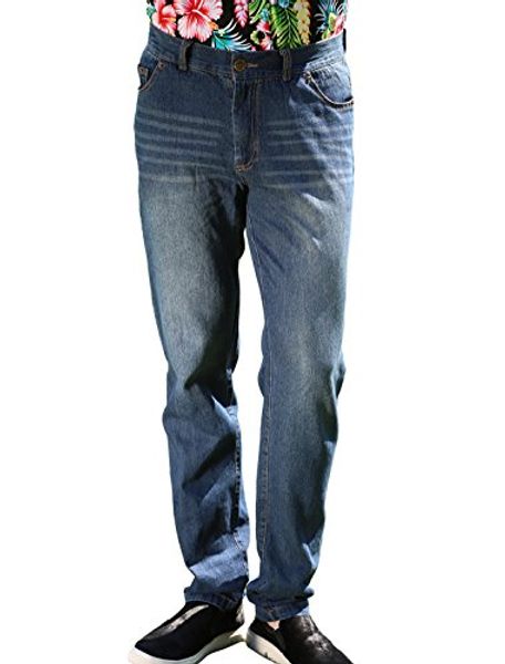 

uxcell five pockets straight leg classic denim washed jeans, Blue