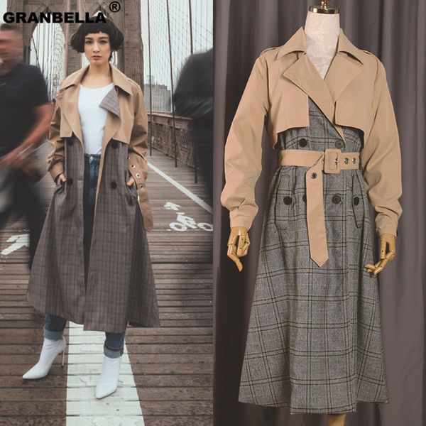 

british style brand fashion new work autumn/spring vintage trench coat for women feminine plaid female coat x-long raincoat, Tan;black
