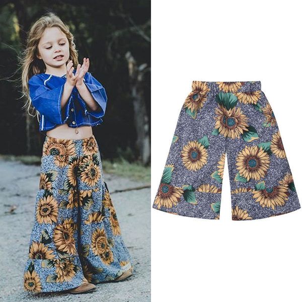 

fashion kids baby girls floral loose trousers casual school girl sunflowers print wide leg pants cotton elastic waist pants 2-7y, Blue