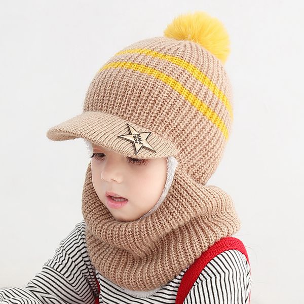 

oeak winter children hats knitted baby girls cap boy wool hat face scarf infant hat cute cat ears hats for kid new 2-5 years old, Yellow