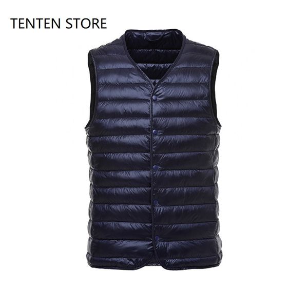 

winter ultra light down vest jacket coats mens plus sizes puffer portable v neck thin buttoned gilet s jacket with pockets black