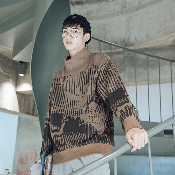 

vintage look men pullover sweatshirt 3d print streetwear turtleneck, Black