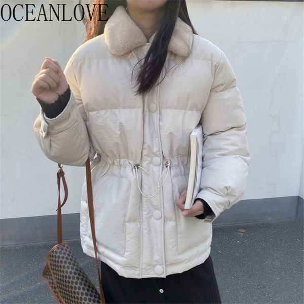 

oceanlove fur collar warm parkas student casual single breasted thick winter coat women pleated 2019 solid chaqueta mujer 13386, Black