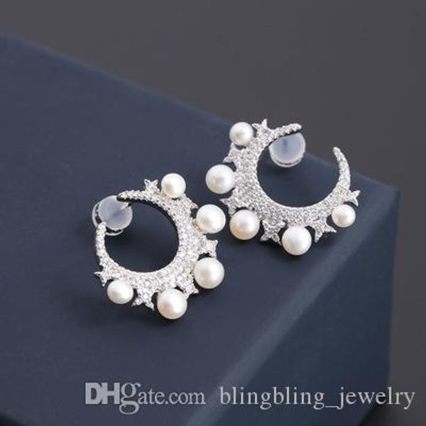 

european and american style new silver star moon pearl earrings elegant earrings valentine's day gifts zircon ear jewelry wholesale, Golden;silver