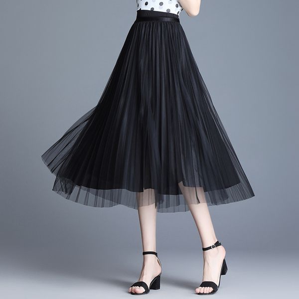 

2019 summer chic high waist women maxi tulle skirt a-line black long pleated skirts plus size jupe femme faldas mujer