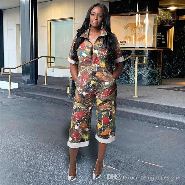 

womens summer jumpsuits camouflage print short sleeve long pants turn down collar female clothing fashion style casual apparel, Black;white