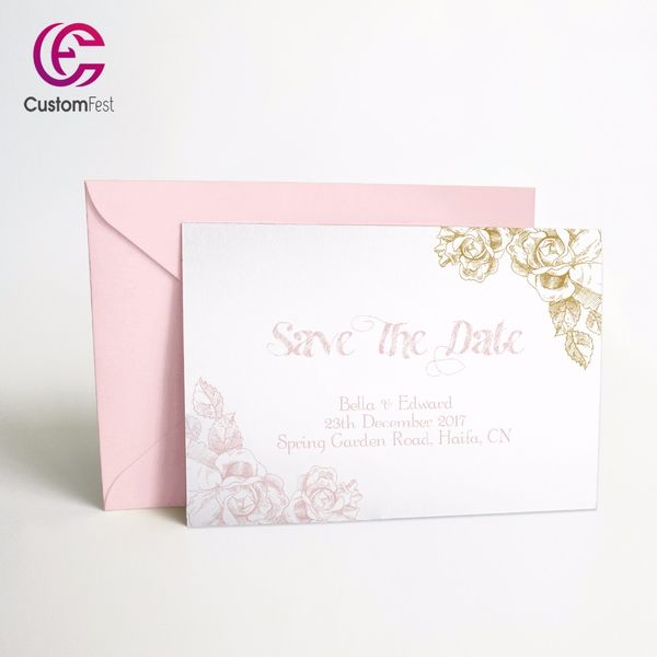 

50pcs/lot personalized thank you card or save the date card with envelop classic flower pink and gold 031