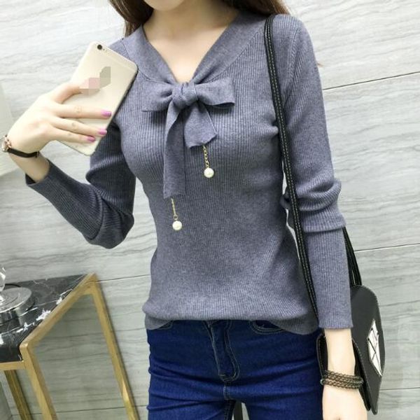 

женский v-образным вырезом свитер женщин трикотажные свитера и пуловеры с длинным рукавом прицепные femme осень зима bow бисероплетение пере, White;black