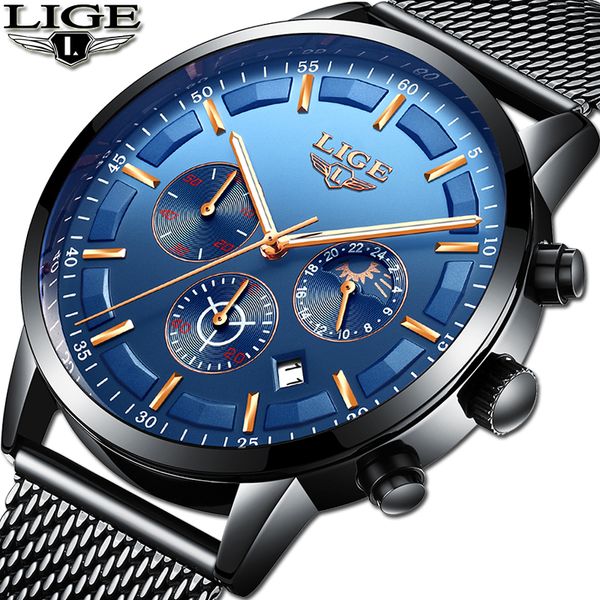 

lige mens watches stainless steel grid quartz watch men's multifunction chronograph date display sport watch relogio masculino, Slivery;brown