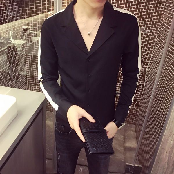 

мужская роскошная рубашка без воротника 2019 осень улица с длинным рукавом тонкий v-образным вырезом боковой полосой сплошной платье рубашка, White;black