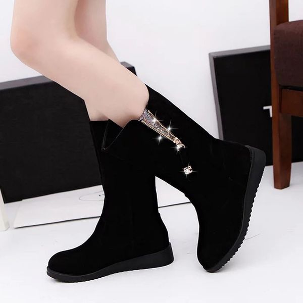 

rimocy plus size flat mid calf boots women glitter crystal faux suede botines mujer 2019 autumn round toe fashion shoes woman, Black