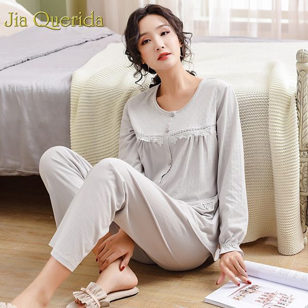 

j&q women long sleeve pajama set 2019 spring trendy women home clothing 2 pcs solid plus size sleepwear cotton fashion pajamas, Blue;gray