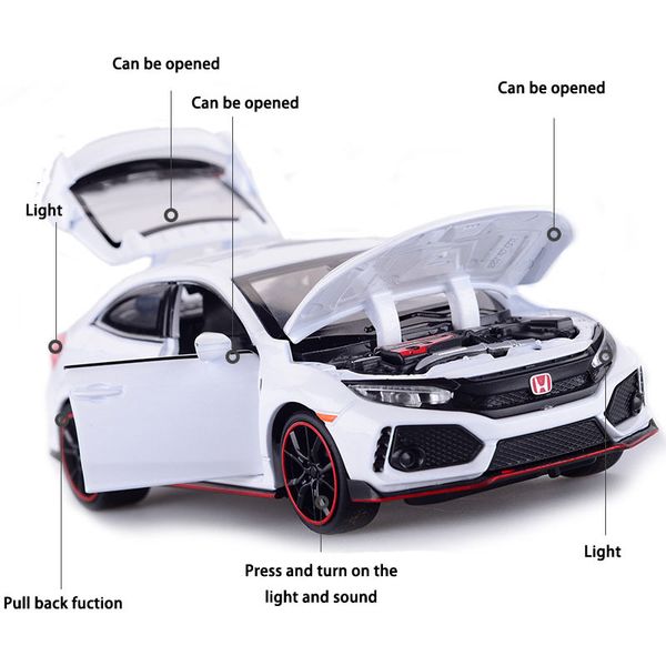 

diecast model car honda civic type r 1/32 metal alloy simulation pull back cars lights toys vehicles for kids gifts for children y200318