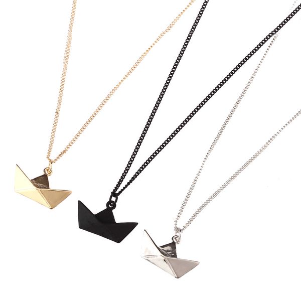 

lastest fashion jewelry accessories metal paper folded flexagon faced gold ingot shaped boat ship pendant necklace, Silver