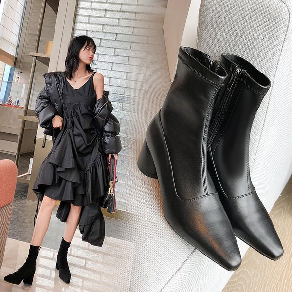 

ins women ankle boots genuine leather 22-25cm winter boots women cow suede+elastic fabric shoes woman pointed fashion, Black