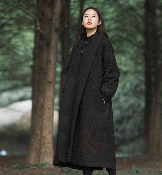 

2019 autumn and winter large size female cotton coat retro black quilted loose fashion super long over the knee windbreaker coat