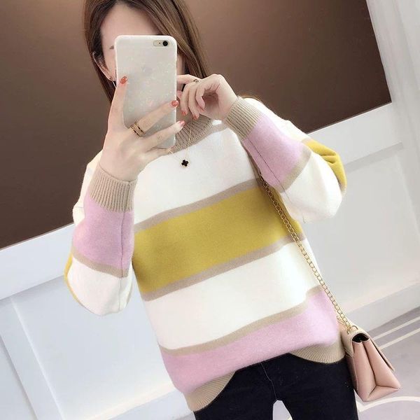 

women's sweaters round neck pullover striped knit sweater winter bottoming shirt wild long sleeve high collar, White;black
