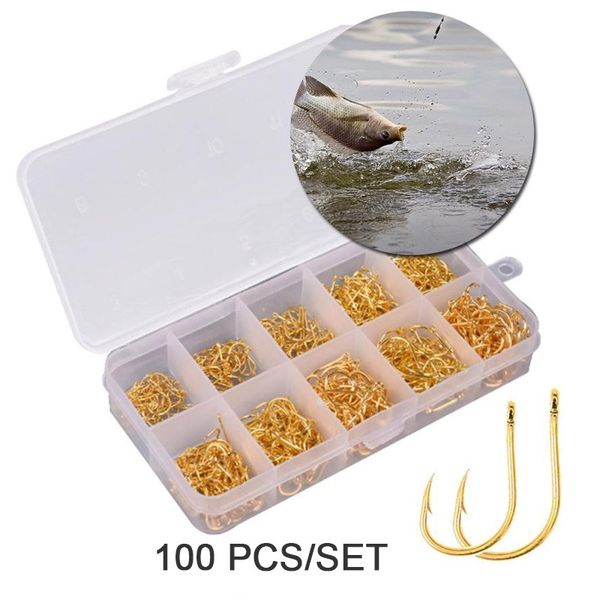 

high carbon steel gold/silver carp fishing bait 10 mixed sizes 3#-12# sharpened ultrapoint fishing hook set 100pcs/set