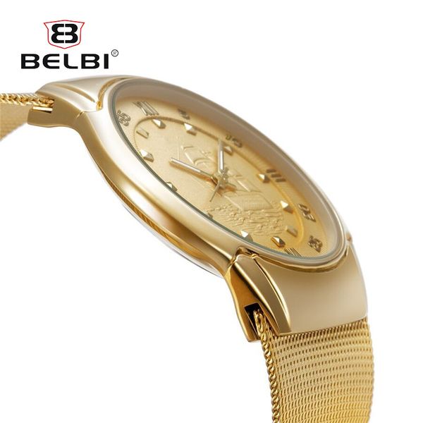 

belbi ultra thin men business watch male gold metal bracelet clock mens japan quartz watches best men wristwatch, Slivery;brown