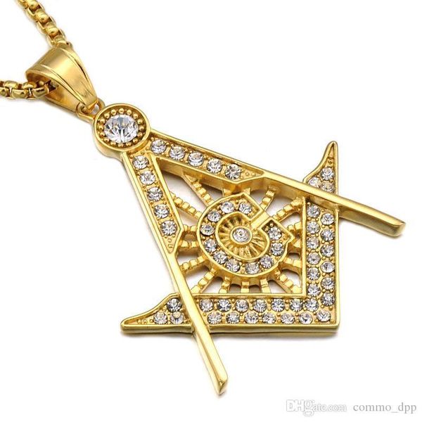 

нержавеющая сталь масонские символ ожерелья мужчины s micro pave кулон горный хрусталь золото посеребренная титана цепи для женщин панк ювел, Silver