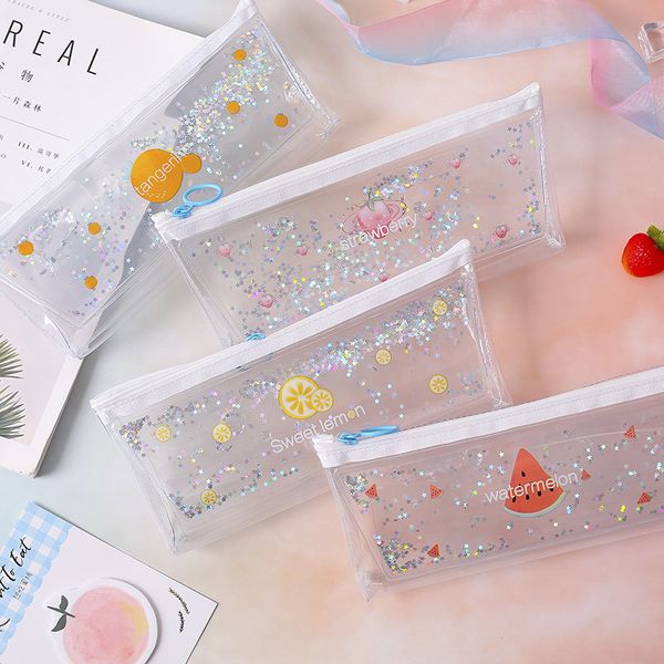 

cute pvc transparent liquid water fruit pencil case & bags for school kids boy girl kawaii school supplies pencil storage bags