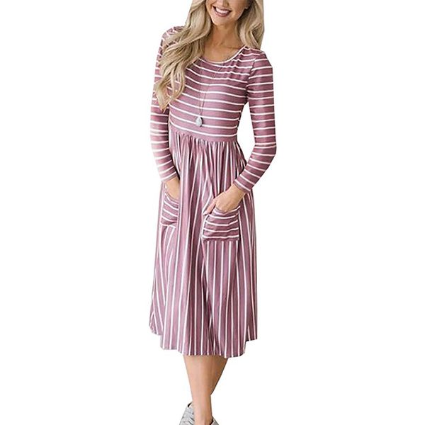 

Striped Dress 2019 Autumn New Arrive Long Sleeve O Neck Women Dresses Casual Pockets Midi Work Dress Streetwear Vestidos Mujer